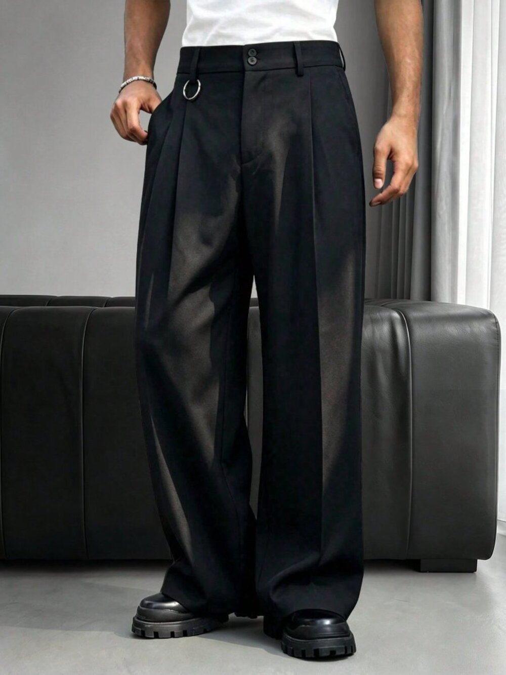 Black Casual Men's Unlined Regular Fit Long Plain Trousers